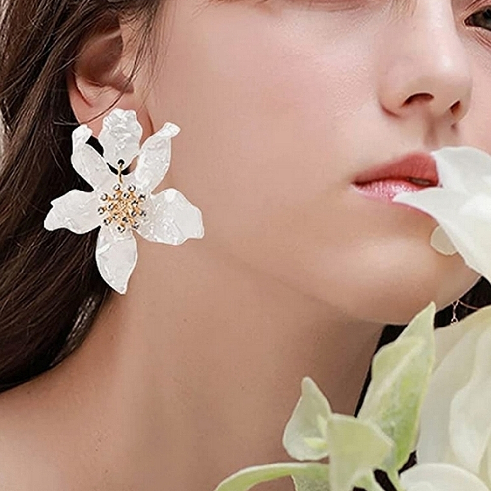Gold White Flower Statement Earrings Oversized Rhinestone Bridal Formal Wedding - Picture 7 of 17